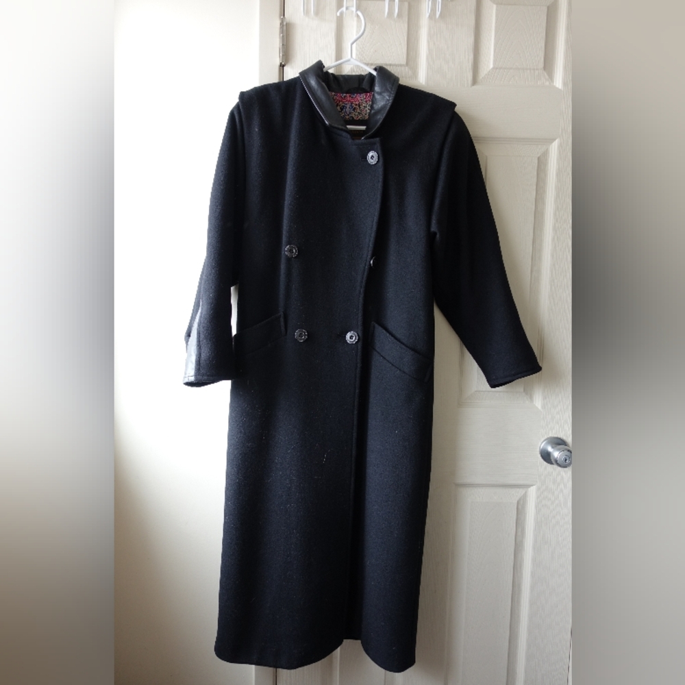 London Fog Leather Wool Black Double-Breasted Long Trench Coat